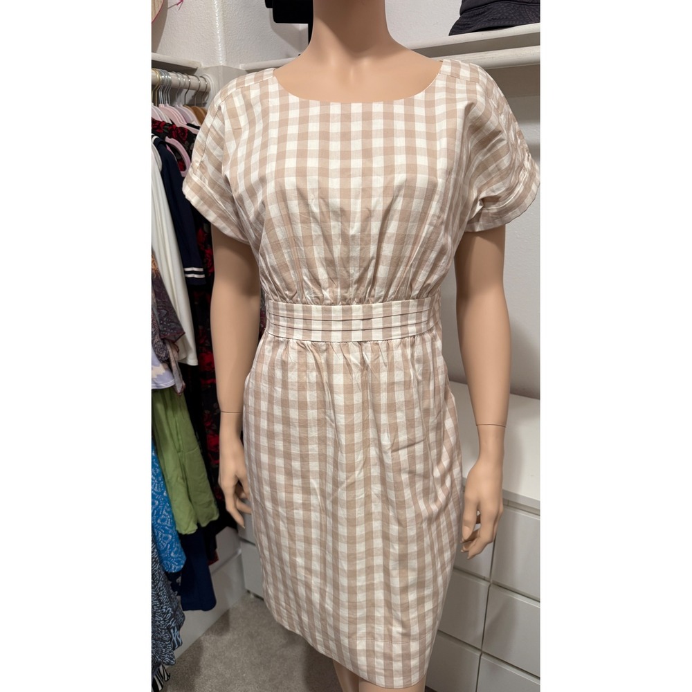 HD in Paris Anthropologie Tan White Gingham Check Cotton Sheath Dress Size 6